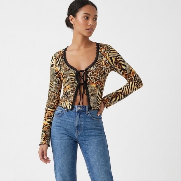 Wild Love Tops - Y2K Animal Print Tie-Front Long Sleeve Top - Yellow Multi